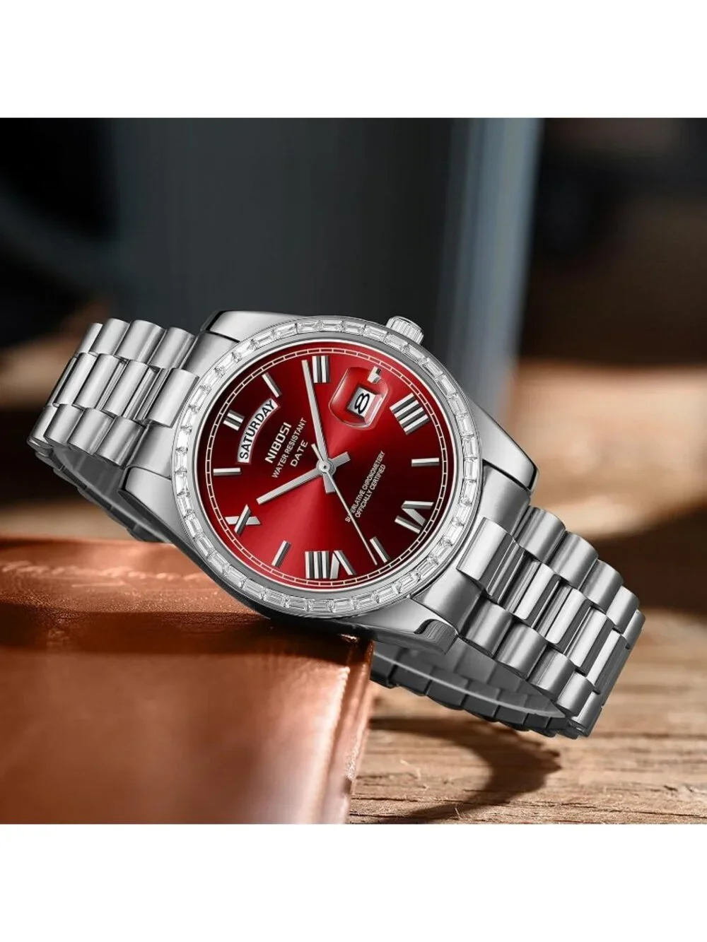 Nibosi Men's Silver Red Analog Quartz Diamond Bezel Stainless Waterproof Watch